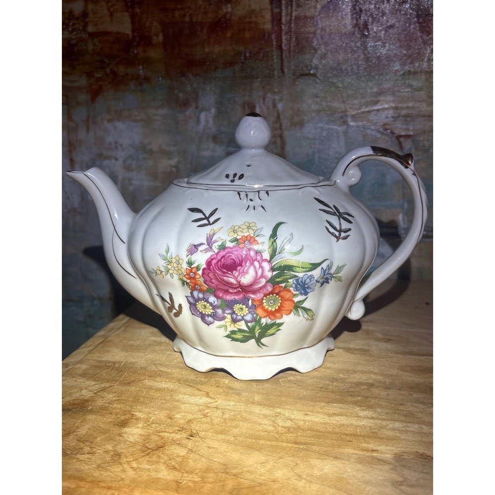 Vintage Japan Musical Teapot White Porcelain Floral Gold Trim Wind Up Music Box